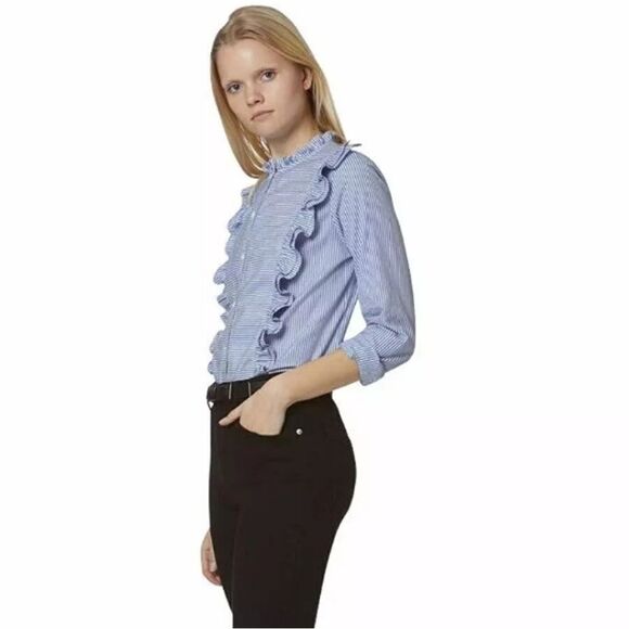 Avec Les Filles Ruffled Button Up Long Sleeve Shirt NWT - Picture 2 of 12